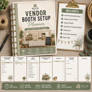 May include: A Vendor Booth Setup Planner spiral-bound notebook with a cover featuring a booth illustration and the text 'Vendor Booth Setup Planner'. Includes a clipboard with an 'Includes' checklist and seven individual planning sheets.