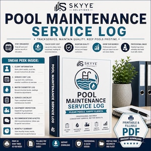 May include: A Pool Maintenance Service Log binder by Skyye Solutions featuring a white cover with blue text and a pool icon. The document includes sections for client information, service visit logs, water chemistry, checklists, and equipment inspection.