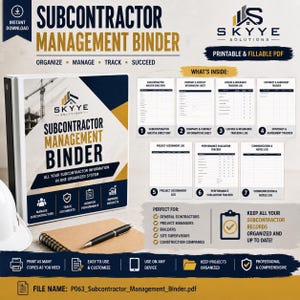 May include: A Subcontractor Management Binder printable and fillable PDF system by Skyye Solutions. The binder cover features a construction crane graphic and text. Includes seven document templates for tracking contacts, licences, insurance, and projects.