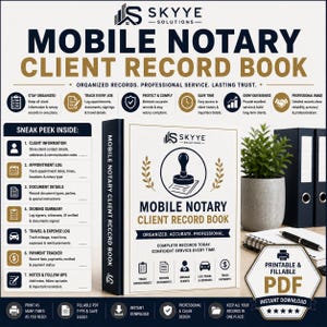 May include: A white and navy blue Mobile Notary Client Record Book with a stamp icon and gold laurel leaves. The cover features the text Skyye Solutions, Mobile Notary Client Record Book, and Organized, Accurate, Professional. Includes a PDF download icon.