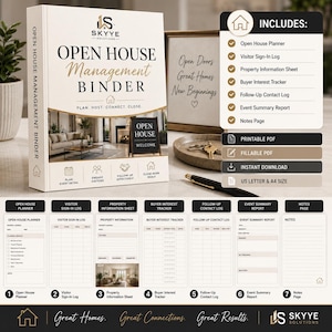 May include: An Open House Management Binder by Skyye Solutions featuring a white cover with gold accents. The binder includes an Open House Planner, Visitor Sign-In Log, Property Information Sheet, Buyer Interest Tracker, Follow-Up Contact Log, Event Summary Report, and Notes Page. It is available as a printable and fillable PDF in US Letter and A4 sizes.