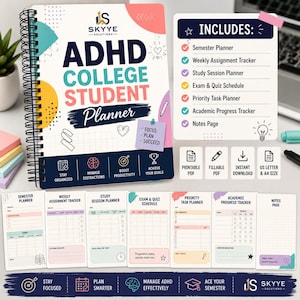 May include: A spiral-bound ADHD College Student Planner by Skyye Solutions with a colorful cover featuring the text Focus, Plan, Succeed. It includes sections for a semester planner, assignment tracker, study session planner, and exam schedule.