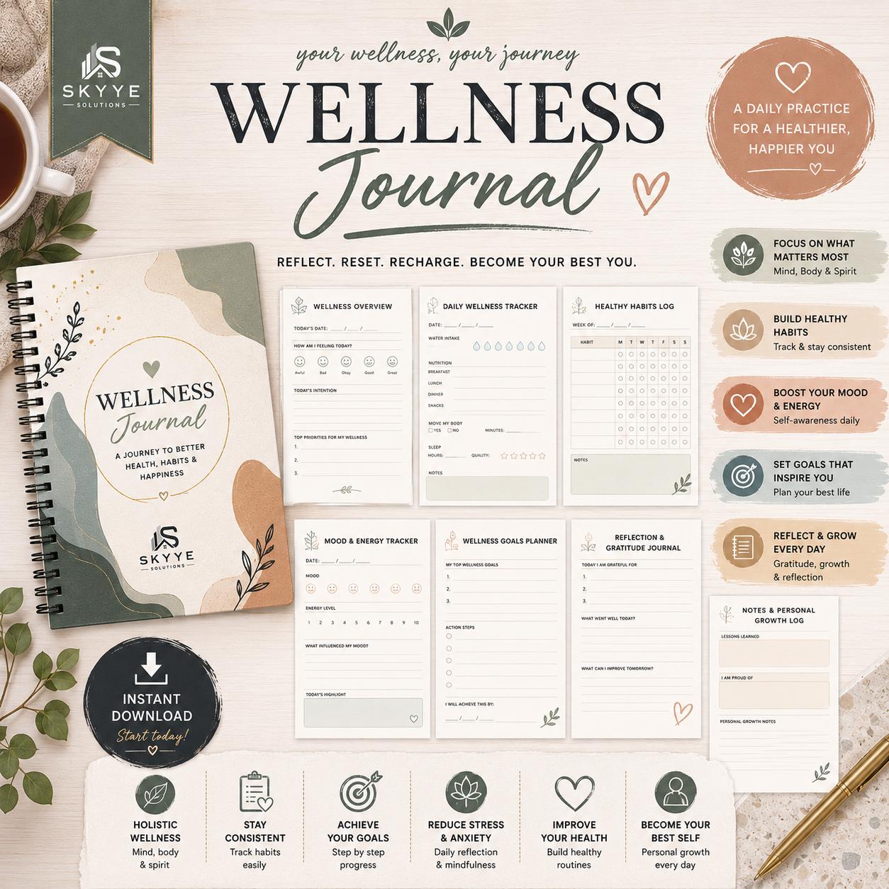Wellness Journal Printable Health & Wellness Planner Self Care Journal Fillable PDF Wellness Tracker Personal Growth Planner