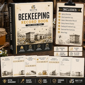 Puede incluir: Un libro de registro de apicultura con lomo negro y portada color crema con ilustraciones de colmenas y abejas. La portada incluye el texto BEEKEEPING RECORD BOOK, TRACK. MANAGE. GROW. y muestra una lista de contenido en un portapapeles y siete plantillas de páginas para la gestión del colmenar.