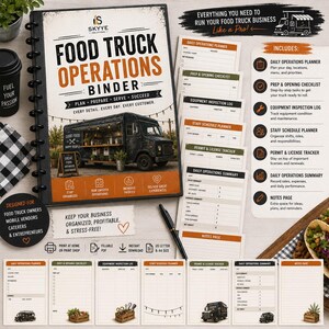 May include: A Food Truck Operations Binder with a black spiral binding, featuring a cover image of a food truck and the text 'FOOD TRUCK OPERATIONS BINDER'. Includes various printed planner pages for daily operations, checklists, schedules, and logs.