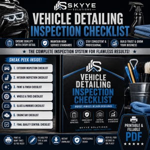 Può includere: Un raccoglitore nero intitolato Vehicle Detailing Inspection Checklist di Skyye Solutions. La copertina presenta testo bianco e blu, icone e lo slogan Inspect, Perfect, Deliver Excellence. Il layout include una lista di controllo di sette punti.