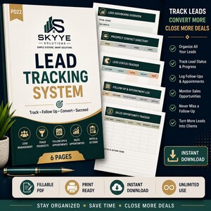 May include: A Lead Tracking System document with a dark green and white cover featuring the Skyye Solutions logo, text, and icons. It includes five interior pages with tables for lead management, prospect directories, and sales opportunity tracking.