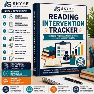 May include: A Skyye Solutions Reading Intervention Tracker binder with a white cover featuring dark blue text, a stack of books, a clipboard icon, and a bar graph. The left side lists seven sections including student profiles and logs.