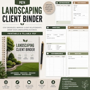 Puede incluir: Un conjunto de archivos PDF imprimibles y rellenables Landscaping Client Binder que incluye una portada con espiral con un gráfico de césped y árbol, además de páginas individuales para directorio, información de clientes y servicios.