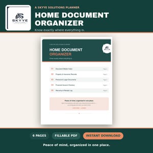 May include: A Skyye Solutions Home Document Organizer planner in a fillable PDF format. The document features a dark green header with white text, listing five sections including Document Master Index, Property & Insurance Records, and Financial Account Directory.
