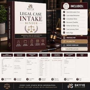 May include: A maroon and white legal case intake binder featuring the Skyye Solutions logo, a scale of justice icon, and text including Legal Case Intake Binder. The set includes seven document templates like client forms and checklists.