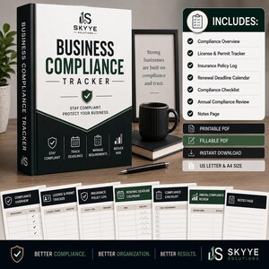 May include: A Business Compliance Tracker book by Skyye Solutions with a black and white cover. The set includes a printable and fillable PDF, instant download, and US Letter and A4 sizes. Features include a compliance overview, license and permit tracker, insurance policy log, renewal deadline calendar, compliance checklist, annual compliance review, and notes page.