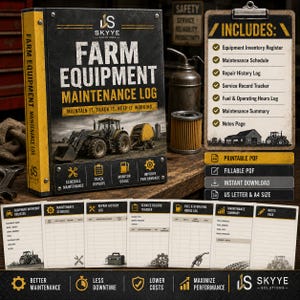 Puede incluir: Un cuaderno de registro de mantenimiento de maquinaria agrícola con lomo amarillo y portada negra con la imagen de un tractor. Incluye una lista de contenido en un portapapeles, siete hojas de registro individuales y etiquetas de descarga.