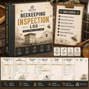 Puede incluir: Un archivador de registro de inspección apícola con lomo negro y cubierta crema, ilustrado con una colmena y el texto BEEKEEPING INSPECTION LOG. Incluye una lista de contenido en un portapapeles y siete páginas de registro.