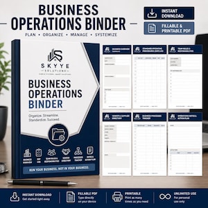 Könnte beinhalten: Eine digitale Vorlage für einen Geschäftsbetriebsordner mit dunkelblauem und weißem Einband und dem Text Business Operations Binder, Plan, Organize, Manage, Systemize. Enthält sechs ausfüllbare PDF-Seiten zur Geschäftsverwaltung.