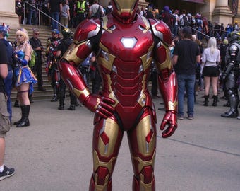 Iron Man Mark 46 Cosplay Costume, Premium Red Gold Full Body Armor, Wearable Helmet, Gloves & Boots, Adult Halloween Outfit