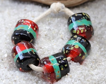 Handmade Lampwork Barrel Beads~Southwest Two Step~Bohemian Beads~Gypsy Beads~Red~Black