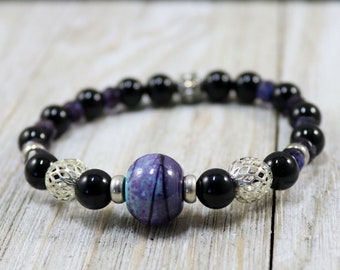 Artisan Mala Yoga Bracelet Lampwork Periwinkle Bliss Bead - Black Onyx-Hippie-Chic-Boho-Southwest