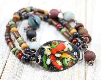 Artisan Layered Bracelet~Enamel Copper Connector~Artisan Glass Beads~Picasso-Hippie-Chic-Boho-Southwest