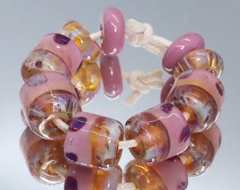 Handmade Lampwork Round Nugget Beads With Spacers~Pink Swan~Bohemian Beads~Gypsy Beads