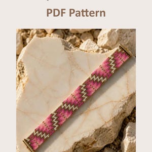 May include: A beaded bracelet featuring a geometric pattern in shades of pink, white, and brown, finished with gold-tone metal end bars. The text above the bracelet reads Peyote Bracelet PDF Pattern in brown lettering on a light background.