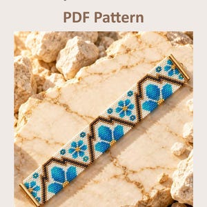 May include: A rectangular beaded bracelet featuring a geometric pattern of blue flowers with gold centres on a white background, framed by dark brown lines. The text above reads Peyote Brancet PDF Pattern in brown letters on a light background.