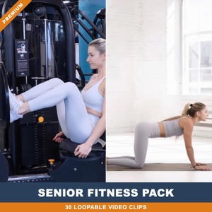 Peut inclure: Une collection numérique intitulée Senior Fitness Pack contenant 30 clips vidéo en boucle. L'image présente un ensemble de sport gris clair composé d'une brassière et d'un legging, lors d'un exercice de presse à cuisses et d'un mouvement au sol.
