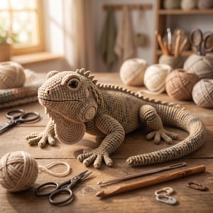 May include: A crocheted iguana figurine in shades of tan and brown, featuring a textured scale pattern, a prominent dewlap, and a long tail. The figure is crafted with intricate yarn stitches, showcasing a realistic lizard shape and dark eyes.