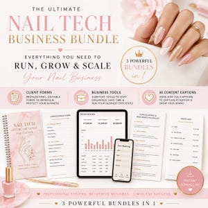 May include: A digital business bundle for nail technicians featuring a spiral-bound aftercare guide, consultation forms, price lists, and policy documents. Includes a tablet and smartphone displaying income charts and booking screens with gold and pink accents.