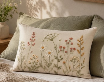 Hand Embroidered Wildflower Lumbar Pillow Cover, Daisy Botanical Linen Cushion, Cottage Farmhouse Throw Pillow, Nordic Floral Pillow Case