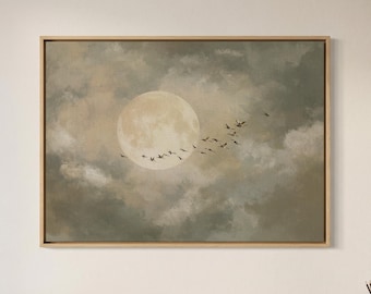 Moon Sky Canvas Wall Art, Full Moon Painting, Flying Birds Artwork, Neutral Cloudscape Decor, Minimalist Landscape, Modern Nature Canvas