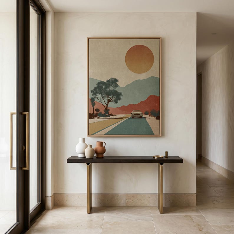Modern console table with abstract wall art.