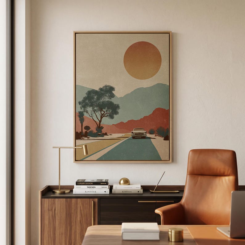 Mid Century Desert Canvas Wall Art, Vintage Road Trip Decor, Retro Landscape Print, Minimalist Desert Highway, Modern Framed Canvas image 5