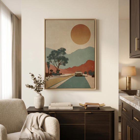 Mid Century Desert Canvas Wall Art, Vintage Road Trip Decor, Retro Landscape Print, Minimalist Desert Highway, Modern Framed Canvas