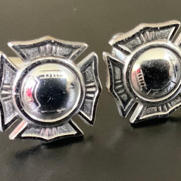 Vintage Firefighter Cufflinks Midcentury Silver tone Fireman Dress Uniform Officer