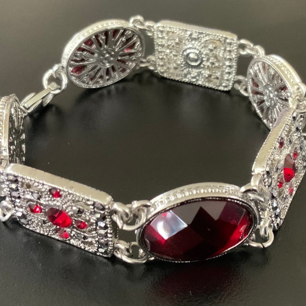 Glamorous 1940s 1950s Ruby Red and Marcasite Bracelet probably Rhodium Faceted stone Ultra Glam Hollywood Regency Fun!