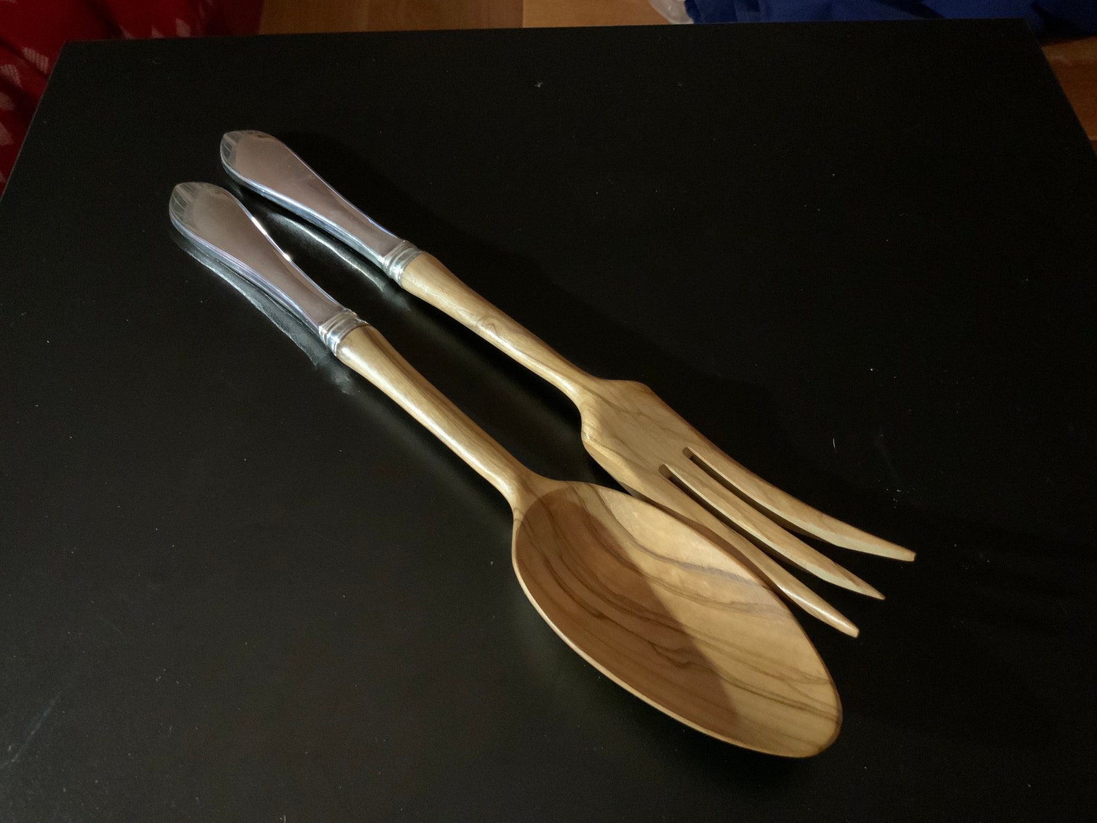 Midcentury Sterling Handled Wooden Salad Fork and Spoon Made in
