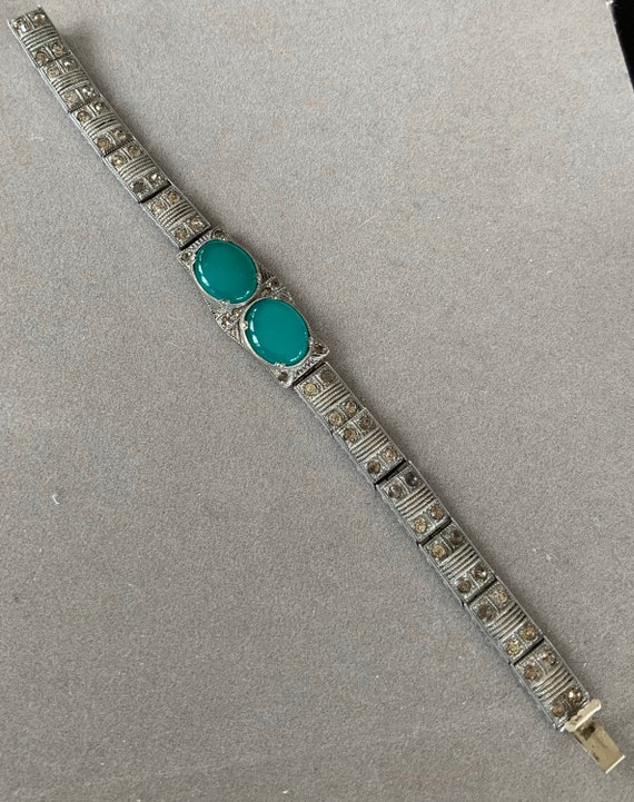 Art Deco Style 1930s era Green stone link bracele… - image 2