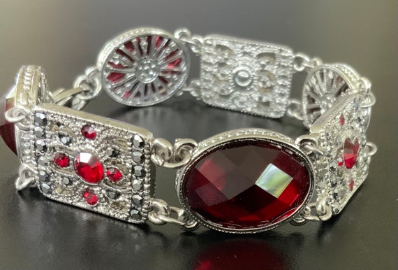 Glamorous 1940s 1950s Ruby Red and Marcasite Brac… - image 4