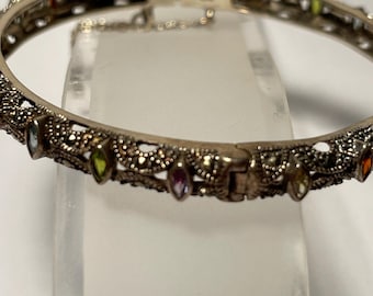 Dazzling Vintage Silver and Multi-Stone Bangle 1980s, Safety Chain 925 Sterling Bracelet