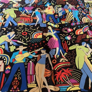 Art Deco Fabric 29 X 60 inches, black background Art Deco Themes Palm Trees, Dancers 1930s elegance
