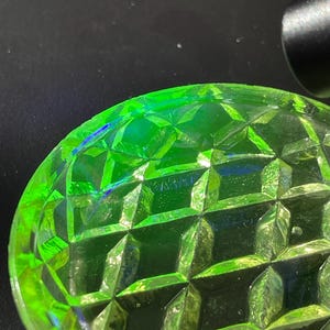 Antique Vaseline Glass Uranium Glass Butter Dish or Butter Pat.  Glows vibrantly under black light.  Probably Victorian.