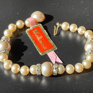 vintage 1950s 1960s Faux Pearl and Rhinestone Bracelet with original tag MALLORCA