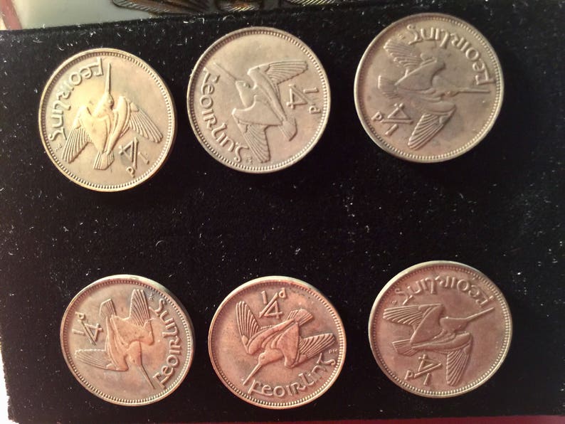 Six vintage authentic Irish Farthings Coins converted to Hasp Buttons 1959