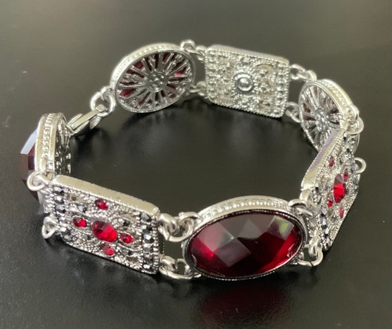 Glamorous 1940s 1950s Ruby Red and Marcasite Brac… - image 2