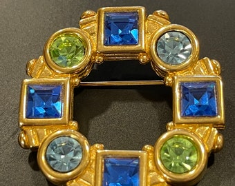 Vintage MONET Gold Tone 1980s Princess Cut and Round Cut Green, Blue and Pale Blue Stones Classic Styling!