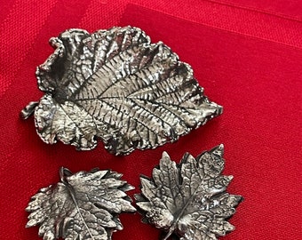 Vintage NAPIER Silvertone Leaf Shaped Pin and Clip Earrings Set 1960s Mid-Century Glam