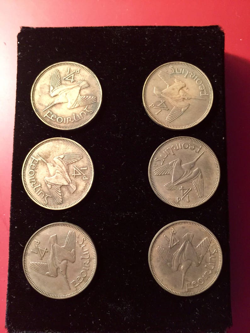 Six vintage authentic Irish Farthings Coins converted to Hasp Buttons 1959
