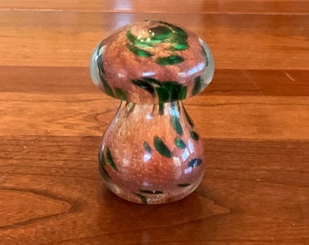 Vintage Art Glass Mushroom Paperweight, Artist Signed, 1970s or 1980s, Gold and Green Tones, Cased Glass, Petite!