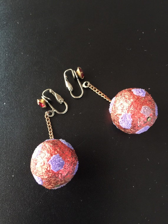 1960s Sparkle Polka Dot Bobble Earrings red and p… - image 2